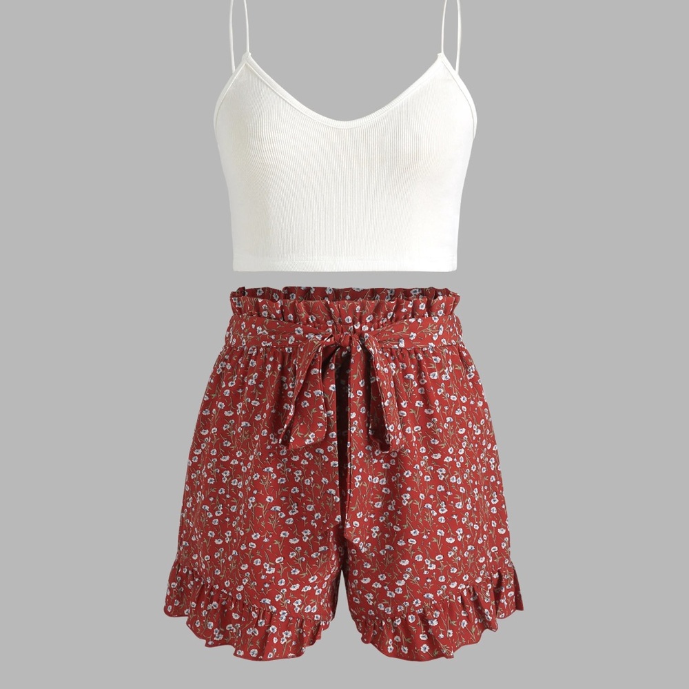 Cider Red Floral High Waist Women's Shorts with White Crop Shirt